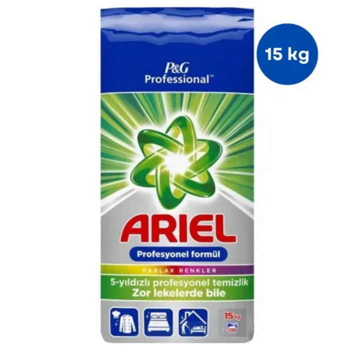 Прах за пране Ariel Professional, 15 кг, Универсален, Дълбоко почистване, Против упорити петна, Домашна и професионална употреба, Силна формула, 100 пранета, Максимална ефективност