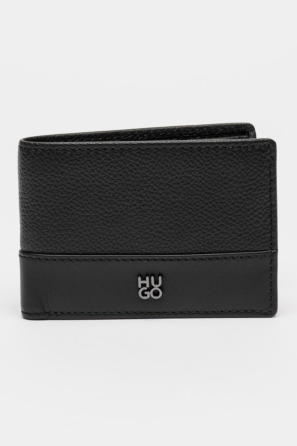 HUGO, Portofel de piele cu logo metalic, Negru