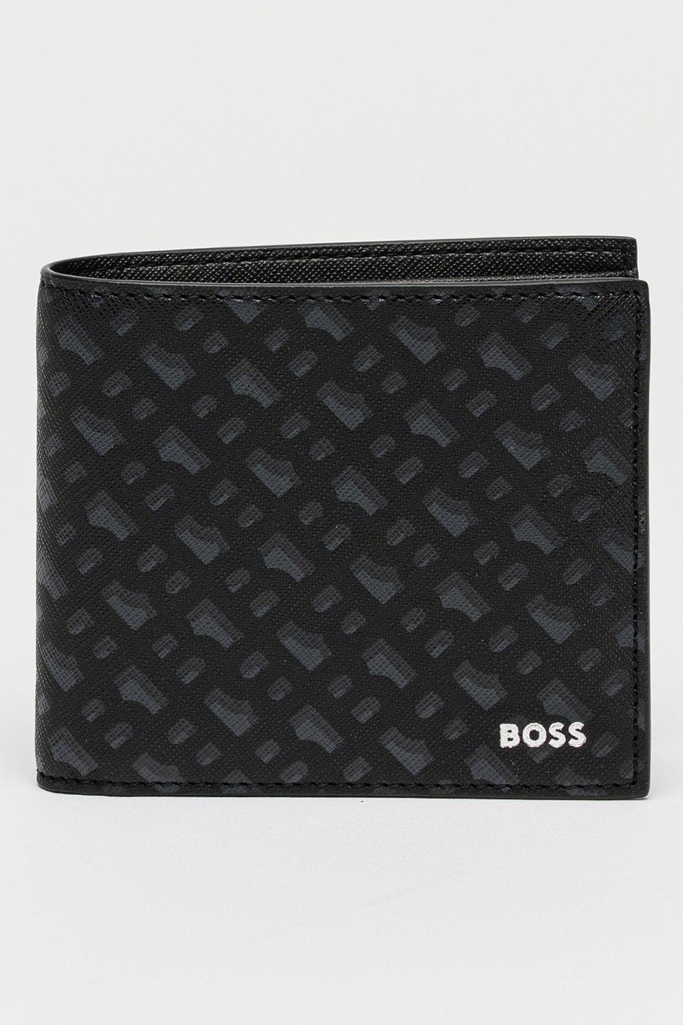 BOSS, Portofel pliabil de piele cu model, Negru, Gri
