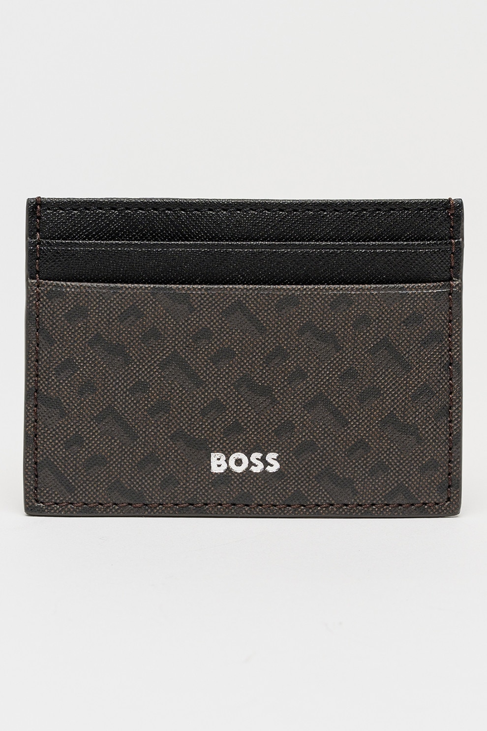 BOSS, Portcart de piele cu model, Maro inchis, Kaki