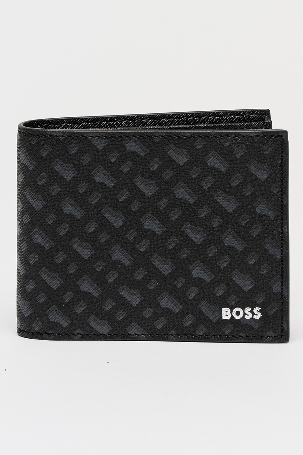 BOSS, Portofel de piele cu model, Negru, Gri
