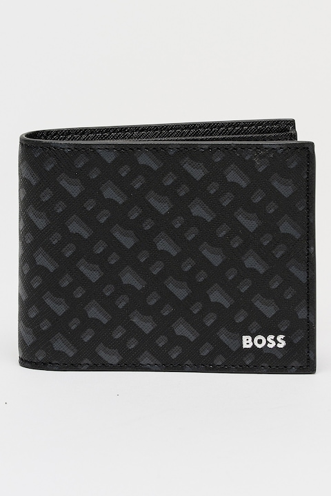 BOSS, Portofel de piele cu model, Negru, Gri