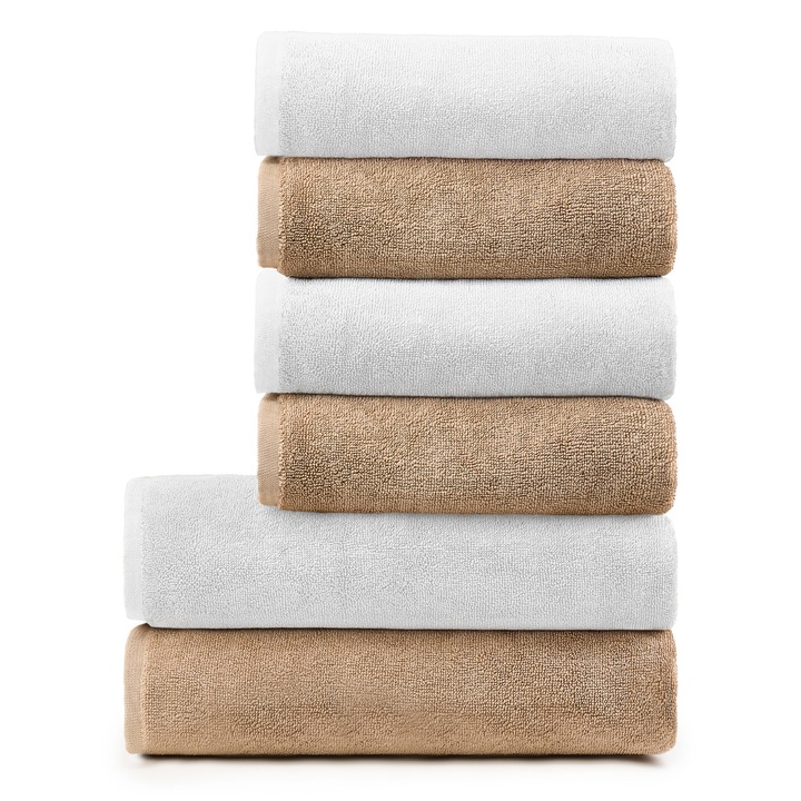 Комплект от 6 кърпи от висок клас, 580 г/м², 100% турски памук, Pure Terry, много меки, сертифицирани по OEKO TEX, включително 2 кърпи за баня 70x140 см и 4 кърпи за ръце 50x100 см, супер абсорбиращи, устойчиви на многократно пране, цветове бяло и бежово