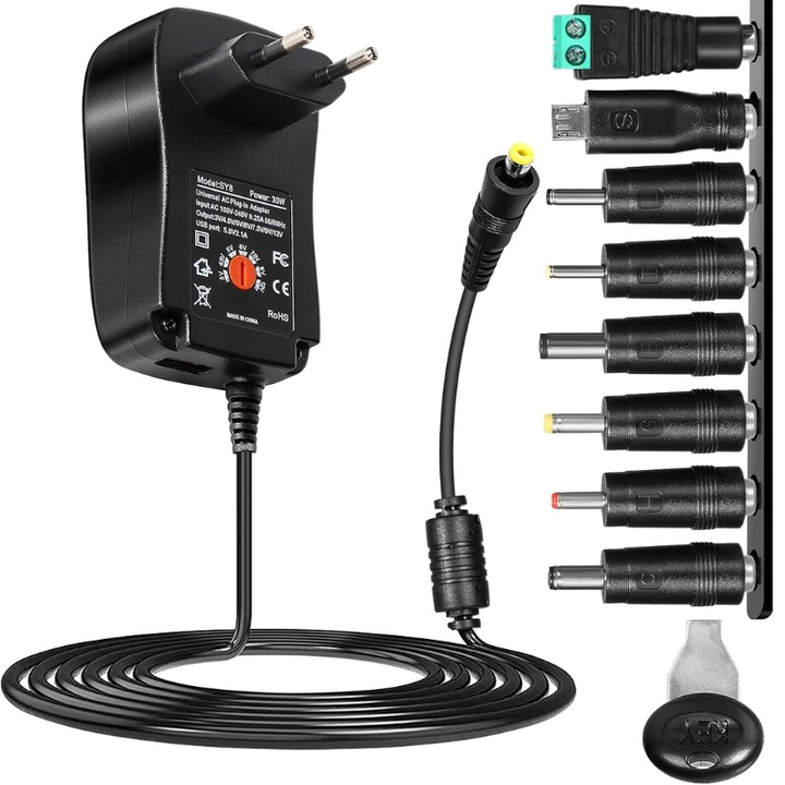 Sursa de alimentare universala 3-12V 30W AC la DC, incarcator reglabil universal 3V-12V cu port USB 5V 2.1A si 8 mufe DC pentru router, sonerie, tableta