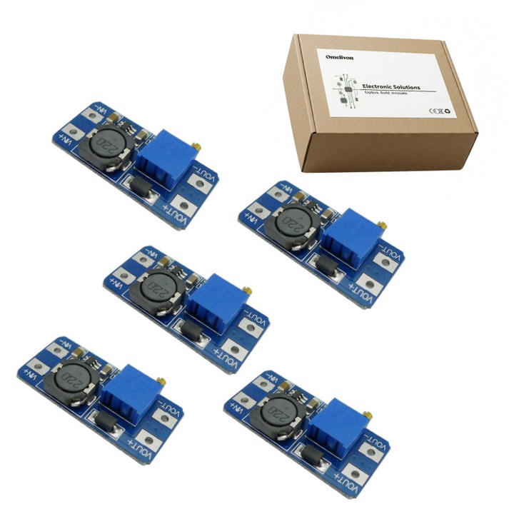 Modul convertor DC-DC Step-Up MT3608, modul alimentare USB, regulator de tensiune 2V–24V la 5V–28V, modul stabilizator de curent continuu, set 5 bucati