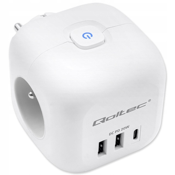 Разклонител 6 в 1, Qoltec, 3x AC, 2x USB, 1x USB-C PD 20W, бял, 80x80x80mm