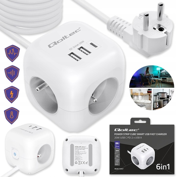 Захранващ контакт с кабел Qoltec 52547, 6 в 1, 3 AC контакта, 2X USB, 5V/2.4A, + 1X USB-C, С функция за захранване 20W, 5V/3A, Максимално натоварване 16A / 230V / 3680W / USB 20W, Огнеупорен PP корпус, 80 x 80 x 80 мм, Бял