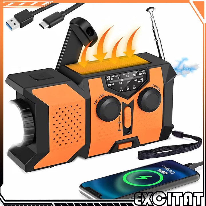 Портативно радио, с лампа фенер, Excitat®, външна батерия, със соларно и ръчно зареждане, FM/AM метеорологично аварийно радио, лампа за четене и SOS аларма, комплект за оцеляване, За къмпинг, бедствия, земетресения, война, IPX3, Оранжево