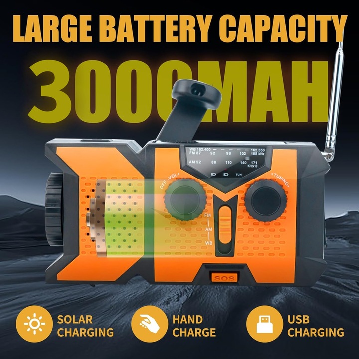 Radio portabil, EXCITAT®, baterie de 3000 mAh, incarcare solara, radio FM/AM cu avertizari meteo de urgenta, lanterna LED si alarma SOS, rezistent la apa, potrivit pentru camping, dezastre, cutremure si conditii meteorologice extreme, culoare portocaliu