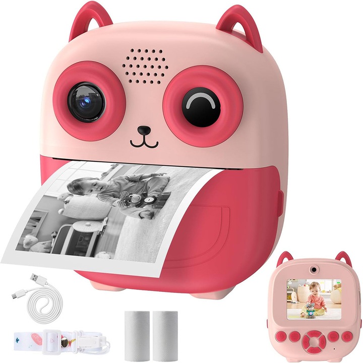 Camera Foto Copii, cu functie de printare, ecran LCD de 2.4 inch, 3 role incluse, snur de sustinere, Roz