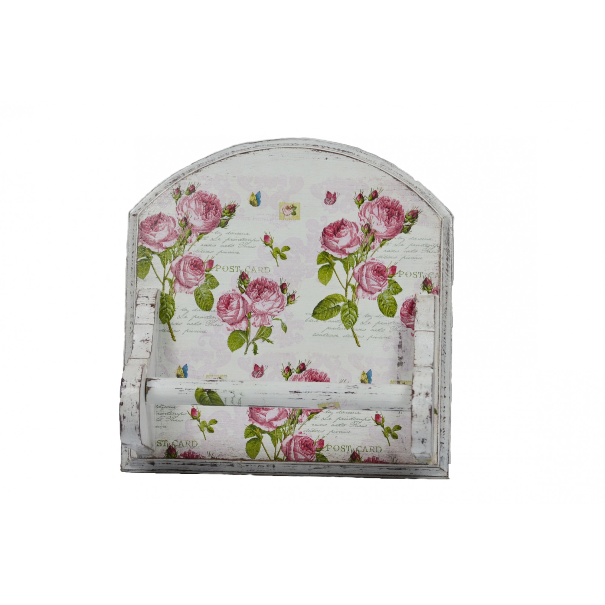 Suport pentru prosop hartie din lemn de molid, cu motiv floral - trandafiri, 30 cm