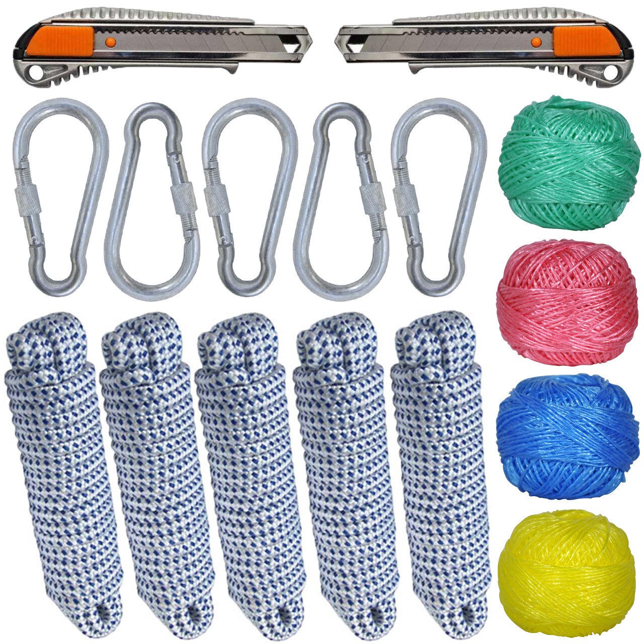 Pachet - 5 x Cordelina 8mm 10M, Sfoara + 5 x Carabina mare + 4 x Sfoara rafie, ghem diverse culori + 2 x Cutter metalic