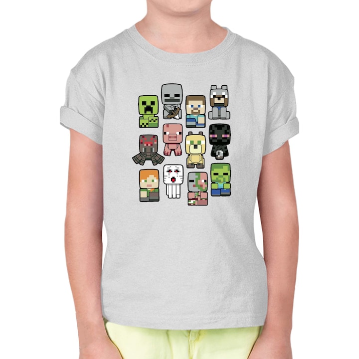 Tricou copii cu mânecă scurtă Minecraft OPT Animated Characters, Gri deschis melange