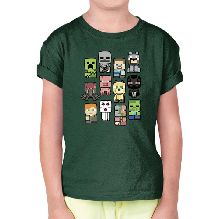 Tricou copii cu mânecă scurtă Minecraft OPT Animated Characters, Verde inchis