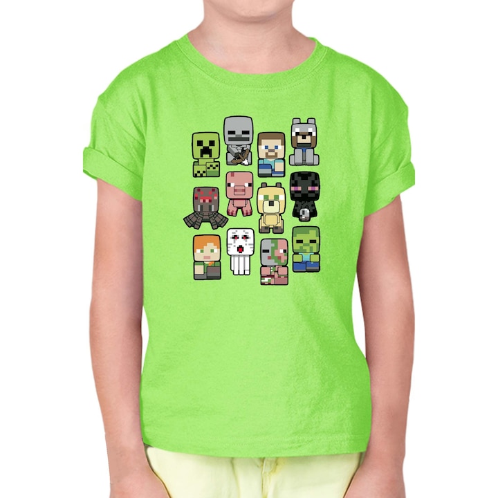 Tricou copii cu mânecă scurtă Minecraft OPT Animated Characters, Verde menta