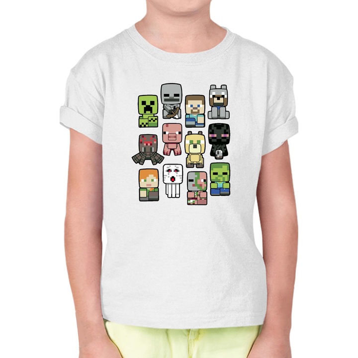 Tricou copii cu mânecă scurtă Minecraft OPT Animated Characters, Alb