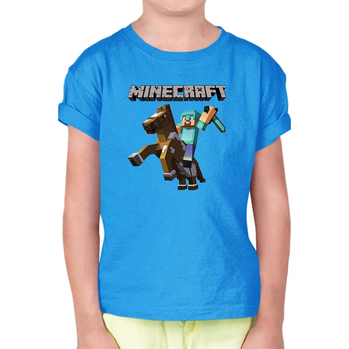 Gyerek rövid ujjú póló Minecraft OPT Horse Raider, Azúrkék