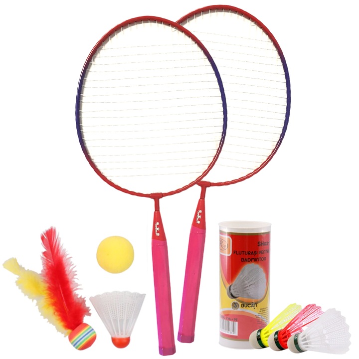 Set rachete badminton RCO® pentru copii cu 6 accesorii, 45 cm, Roz, NB1001-B