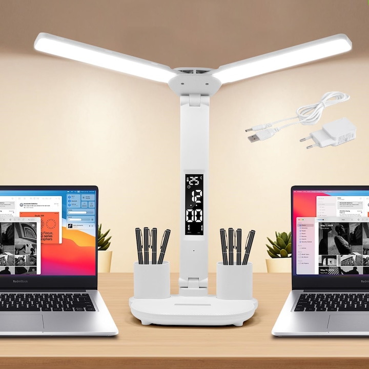LED настолна лампа, 3 режима на осветление, бяла, 32 см, с поставки за химикалки и дисплей за час