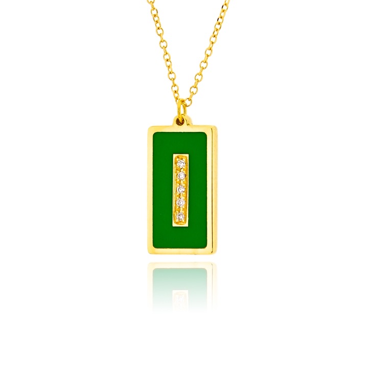Pandantiv cu lant dama, Ekan, Aur Galben 14K, Ceramica si Diamante, Auriu / Verde