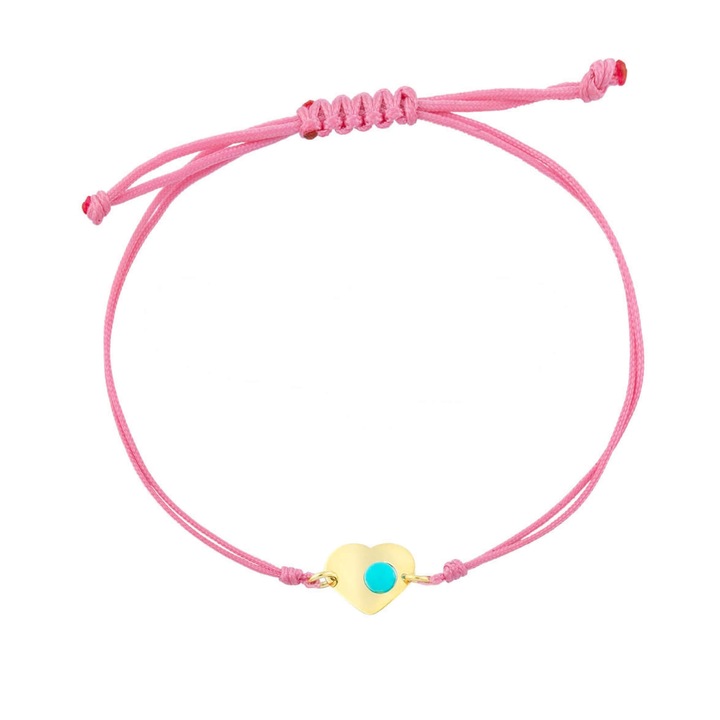 Bratara cu inima din aur galben K14, cordon roz, set bijuterii dama
