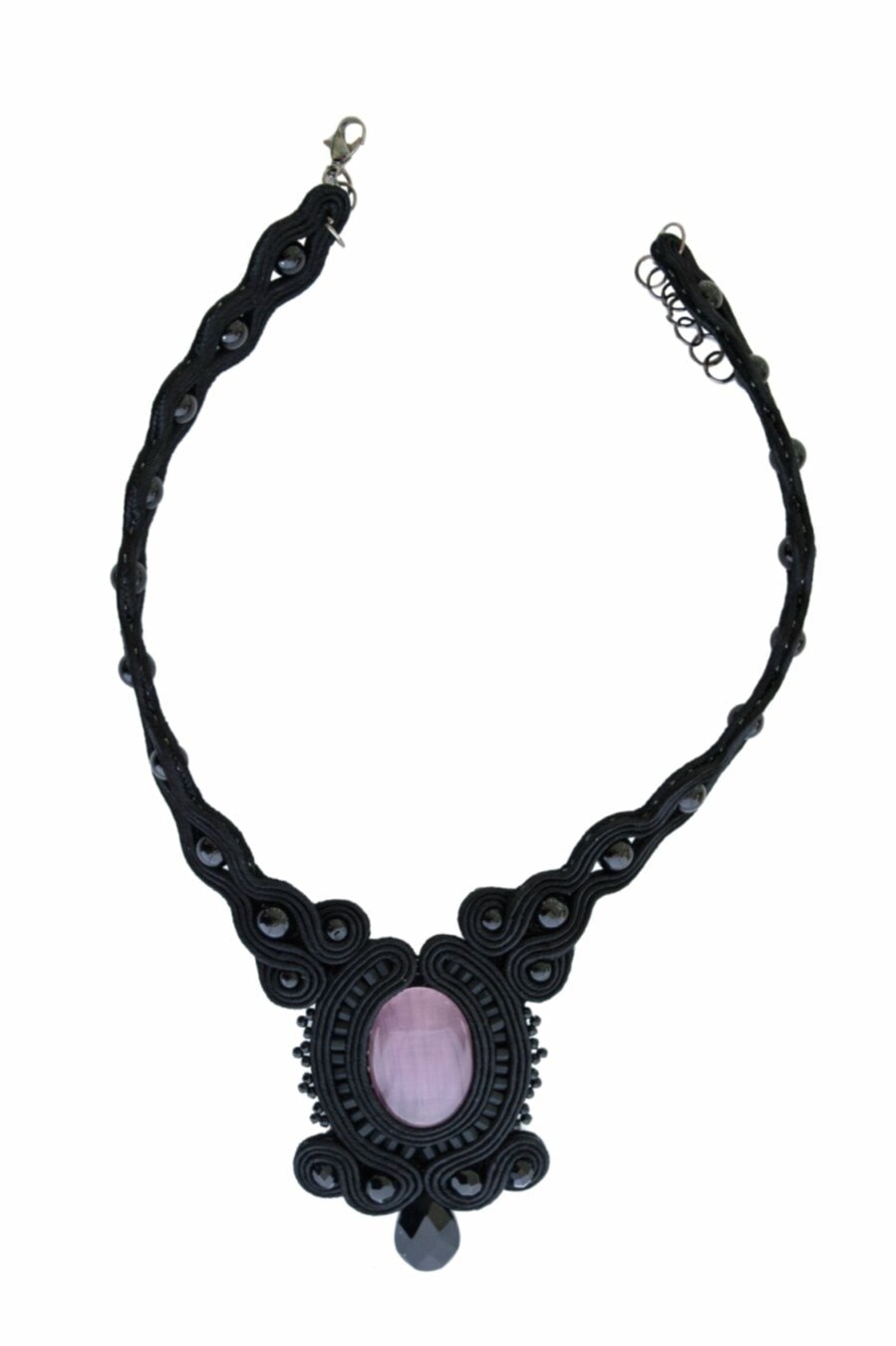 Colier soutache cu piatra roz prafuit, Eurozone, Negru