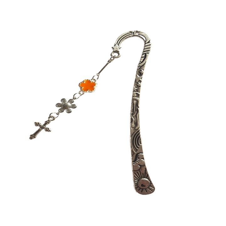 Semn de carte AA cu floricica portocalie si cruciulita