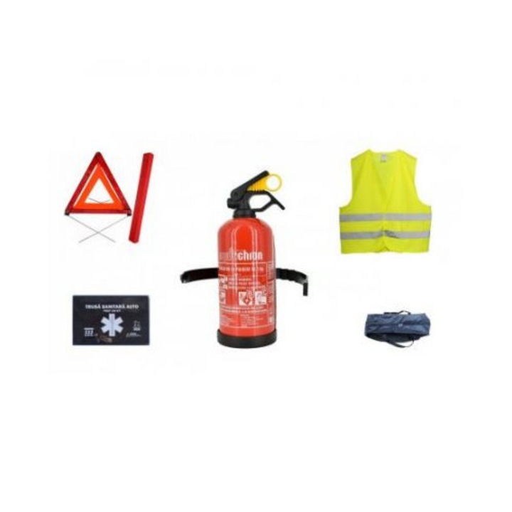 Car Safety Package - Пожарогасител 1 кг, медицински комплект, 2 X светлоотразителен триъгълник, светлоотразителна жилетка
