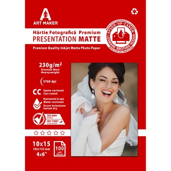 Hartie foto Art Maker, Mata, 10×15, 230g/mp, 100 coli Hartie foto Art Maker, Mata, 10×15, 230g/mp, 100 coli