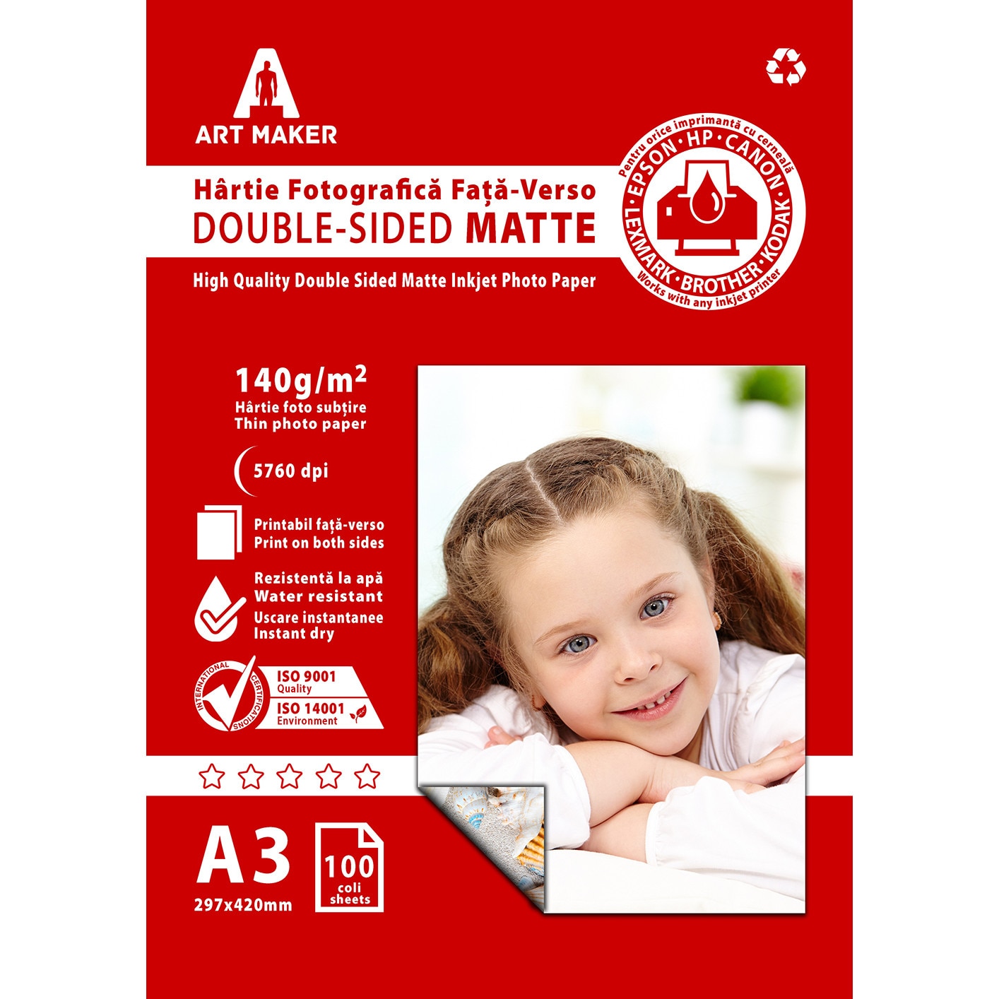 Hartie foto fata-verso Art Maker Mata, 140g/mp, A3, 100 coli