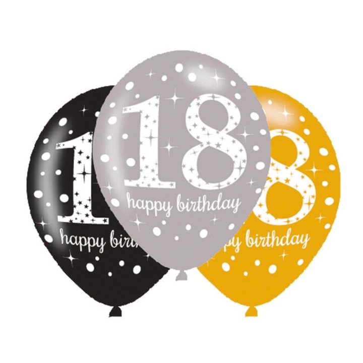 Комплект от 6 балона, латексови, модел 18 "Честит рожден ден", Amscan, 27.5 см