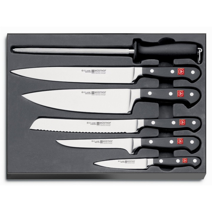 Wusthof Classic késkészlet, 6 darabos, X50 acél, tartalmaz szakácskés 20 cm, kenyérkést 20 cm, húskést 23 cm, zöldségkést 10 cm, faragókést 14 cm, fenőkőt 23 cm