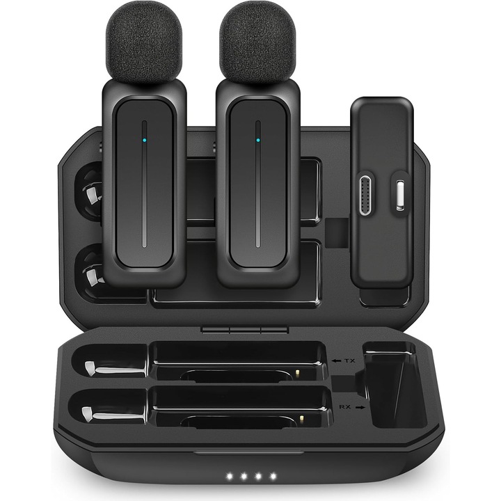 Set 2 microfoane profesionale lavaliera, BUANIERT®, Sunet Clar, Volum optim, Functie Anulare zgomot ambiant, prindere cu clema dar si magnetica, Compatibil Android, iPad, iOS, laptop