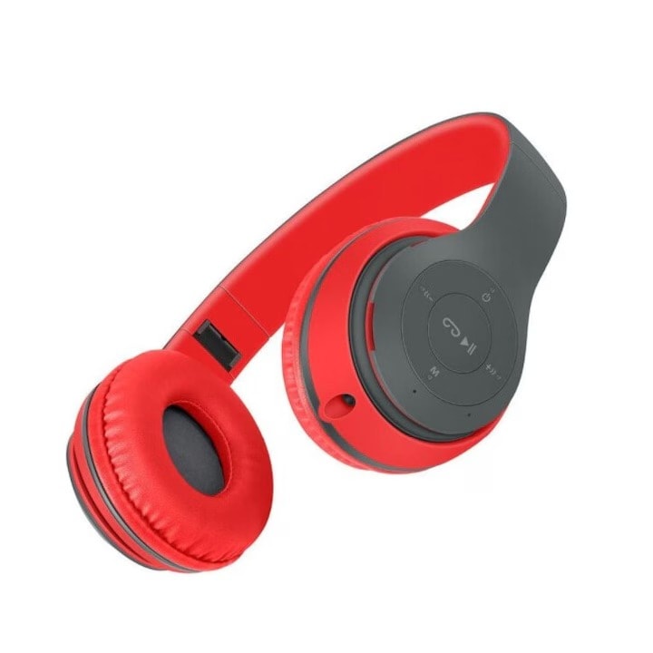 Vezeték nélküli fejhallgató P47, Bluetooth 5.0 + EDR, sztereó, FM rádió, MP3, mikrofon, piros