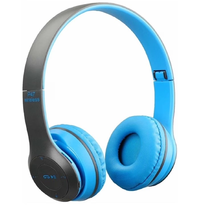 P47 vezeték nélküli fejhallgató, Bluetooth 5.0 + EDR, sztereó, FM rádió, MP3, mikrofon, kék