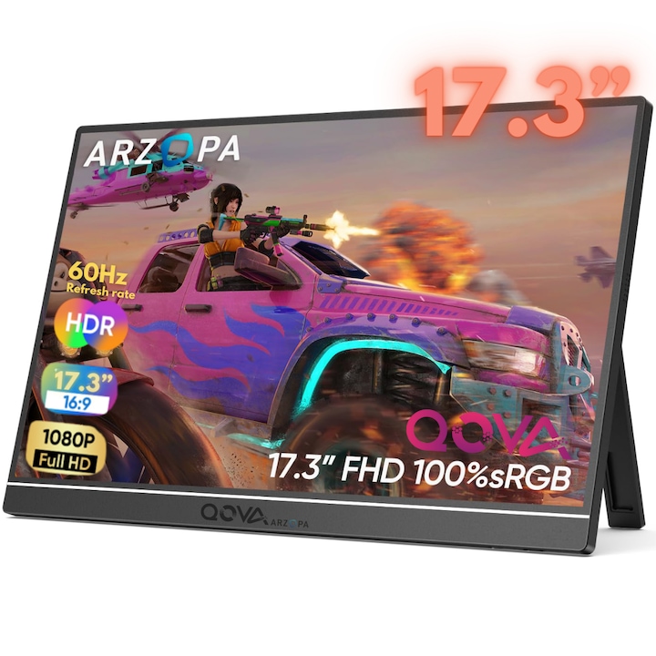 Arzopa & Qova® 17, 3″ hordozható monitor – FHD, 100% sRGB, HDR 1920×1080, USB-C és Mini HDMI–ultravékony kijelző, 60Hz, kompatibilis laptopokkal, telefonokkal, konzolokkal, dupla hangszóró, játékhoz, irodába, utazáshoz és kreatív munkához, fémház, beépít
