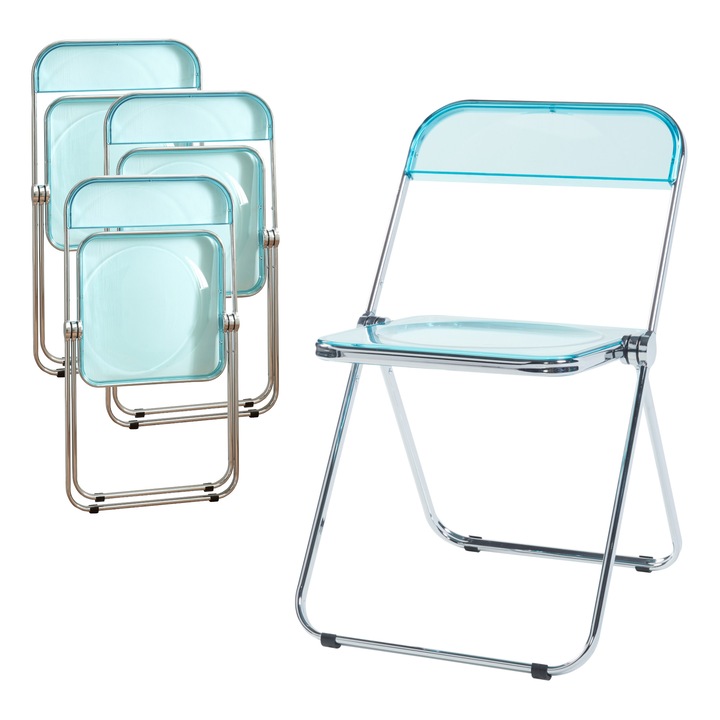 Set 4 scaune, en.casa, PXGC-0106 Pornainen, 74 x 46 x 47 cm, otel, plastic, 120 kg, albastru deschis transparent, pliabile
