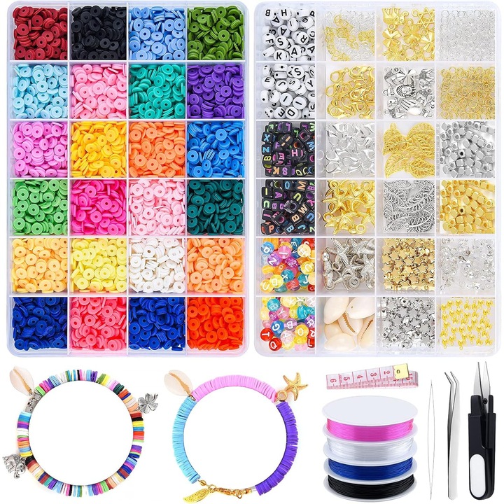 Set complet margele din lut pentru bijuterii DIY copii, bratari si coliere, 24 culori, accesorii aurii-argintii
