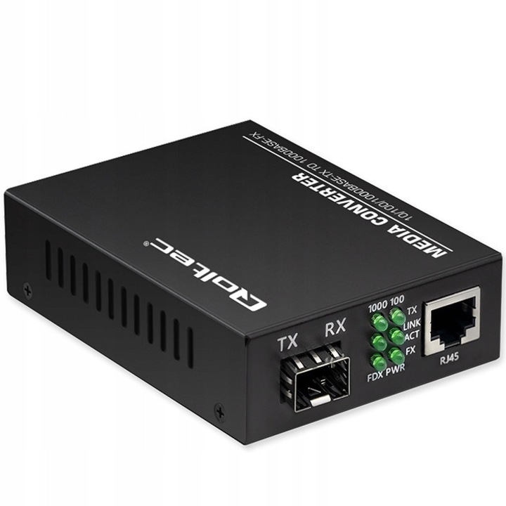 Qoltec kétirányú média konverter, 1x RJ45, 1x SFP, fekete, 70x100x25mm