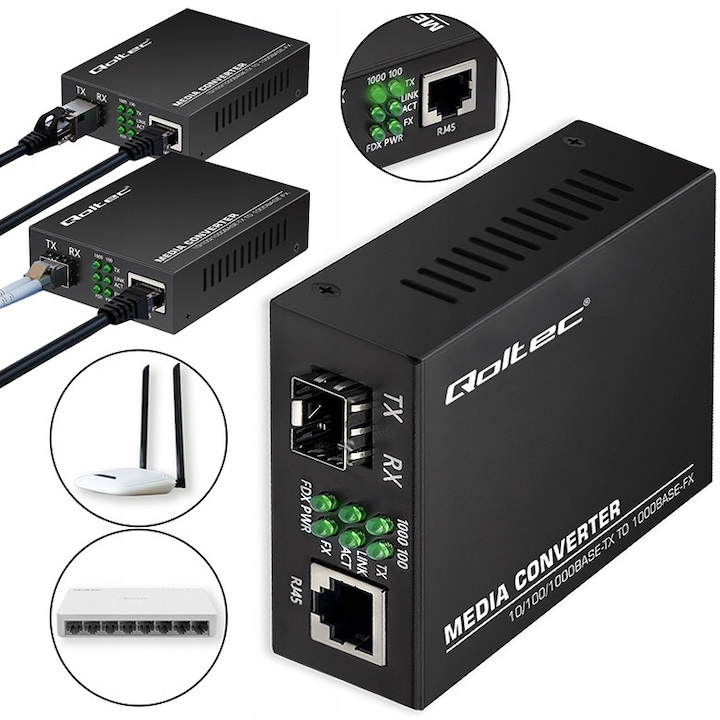 Ethernet конвертор Rj45 Sfp, Qoltec, 52295, Двупосочно предаване на данни Rj45 ⇄ Sfp със скорост до 1000 Mb/S, поддръжка на пълен дуплекс и полудуплекс, Rj45 порт + Sfp слот, плътен метален корпус, 70 мм x 100 мм x 25 мм, черен