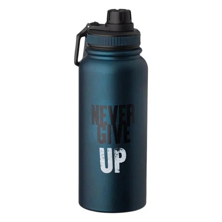 Термоизолирана бутилка от неръждаема стомана, надпис "Никога не се отказвай", вместимост 950 мл, синя