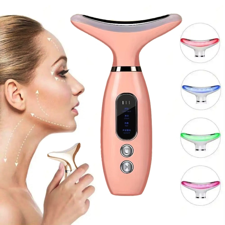 Dispozitiv Masaj Facial pentru Fata, Gat, Frunte, Novastride®, Electric cu Vibratii Antirid, Anti-Imbatranire, Lifting si Tonifiere, Electro Stimulare Musculara si Vibratii, Roz