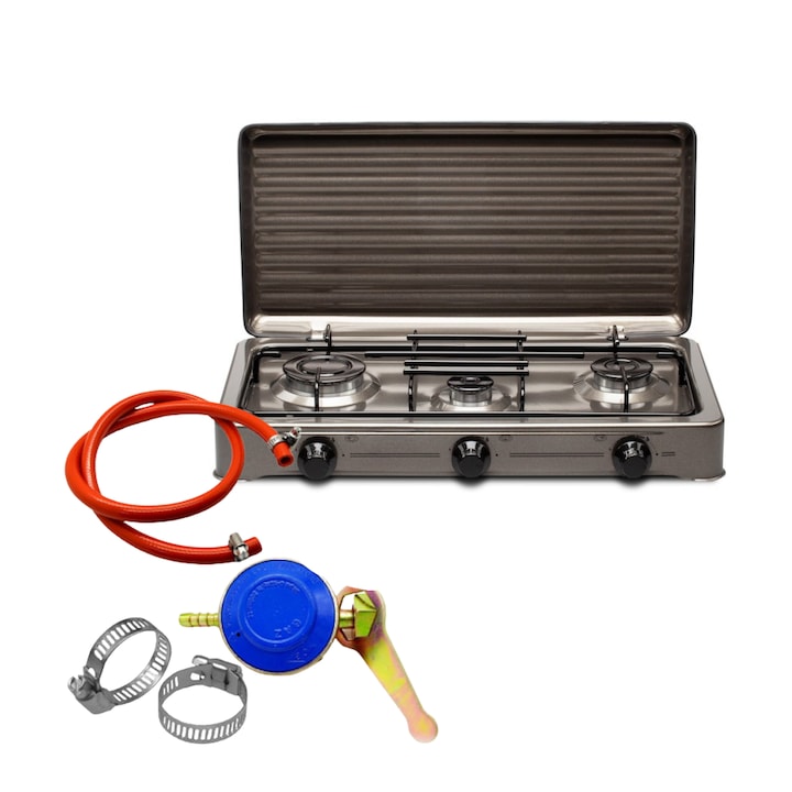 Aragaz Portabil cu 3 Ochiuri pe Gaz, Carcasa Metalica si Capac, Set Complet cu Furtun, Regulator Presiune si Coliere, Ideal pentru Camping, Curte sau Bucatarie. Gri