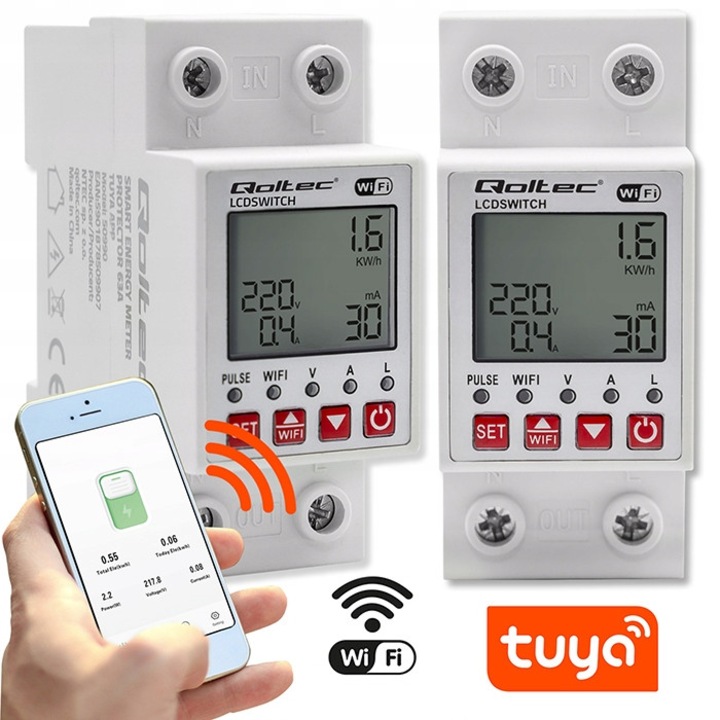 Smart Wi-Fi реле, Qoltec, 50990, Дистанционно управление чрез Wi-Fi от приложението Tuya, Монтаж на метална шина, Защити: Пренапрежение, Претоварване, Ниско напрежение, Утечка на ток (50Ma), 65 мм X 36 мм X 85 мм, Бяло