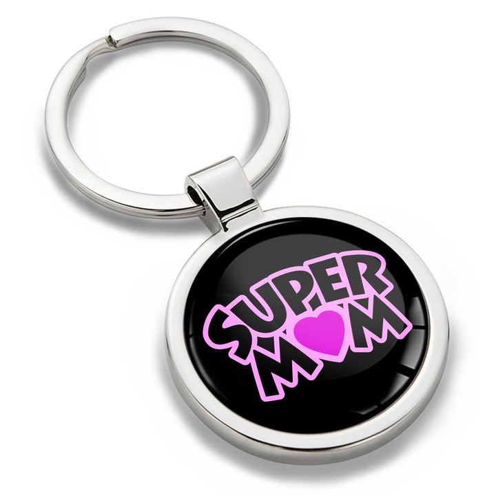 Breloc metalic cu cutie cadou, Biomar Labs, Super Mom, unisex, 3D, argintiu/negru, KK 295