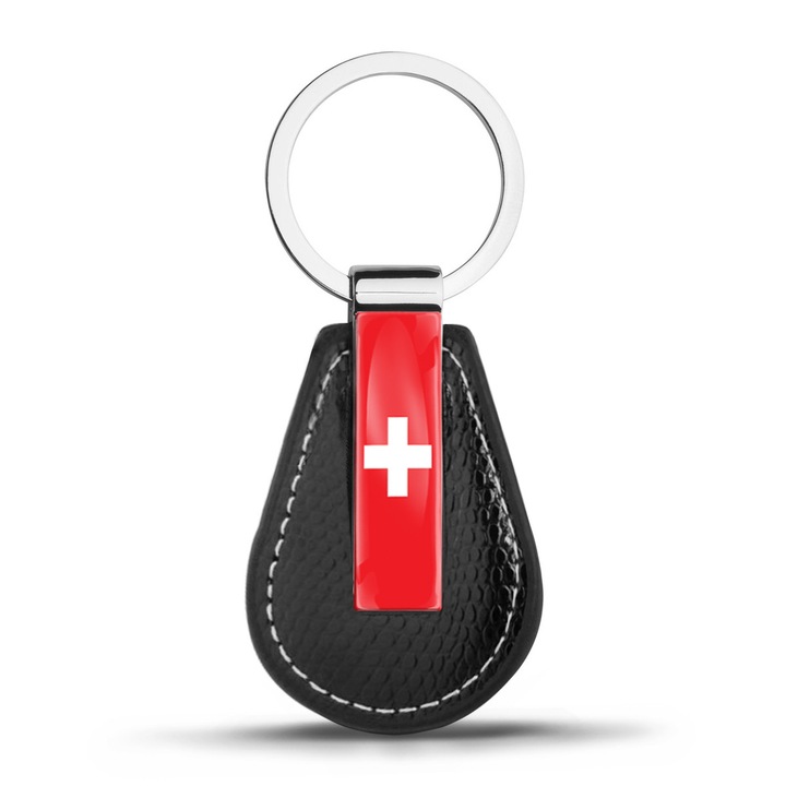 Кожен ключодържател с подаръчна кутия, Biomar Labs, Флаг на Швейцария, унисекс, 3D, Метал/Кожа, KK 112