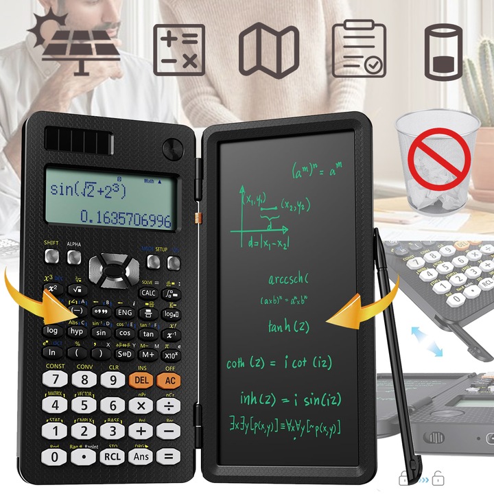 Научен калкулатор, 417 функции, слънчева батерия, Puepoul, сгъваем научен калкулатор с бележник, за средно и гимназиално училище, черен