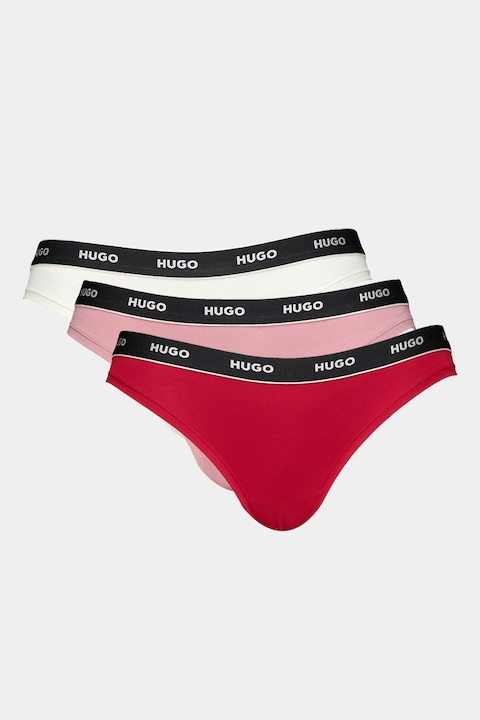 HUGO, Set de chiloti tanga cu banda logo in talie - 3 perechi, Alb/Roz pastel/Rosu inchis