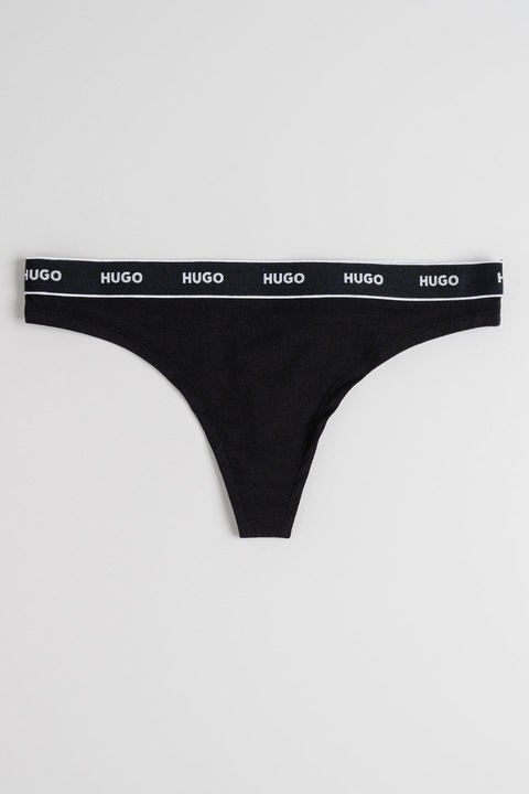 HUGO, Chiloti tanga cu banda logo in talie, Negru