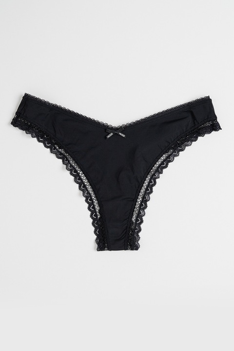 HUGO, Chiloti tanga cu garnituri de dantela si imprimeu, Negru